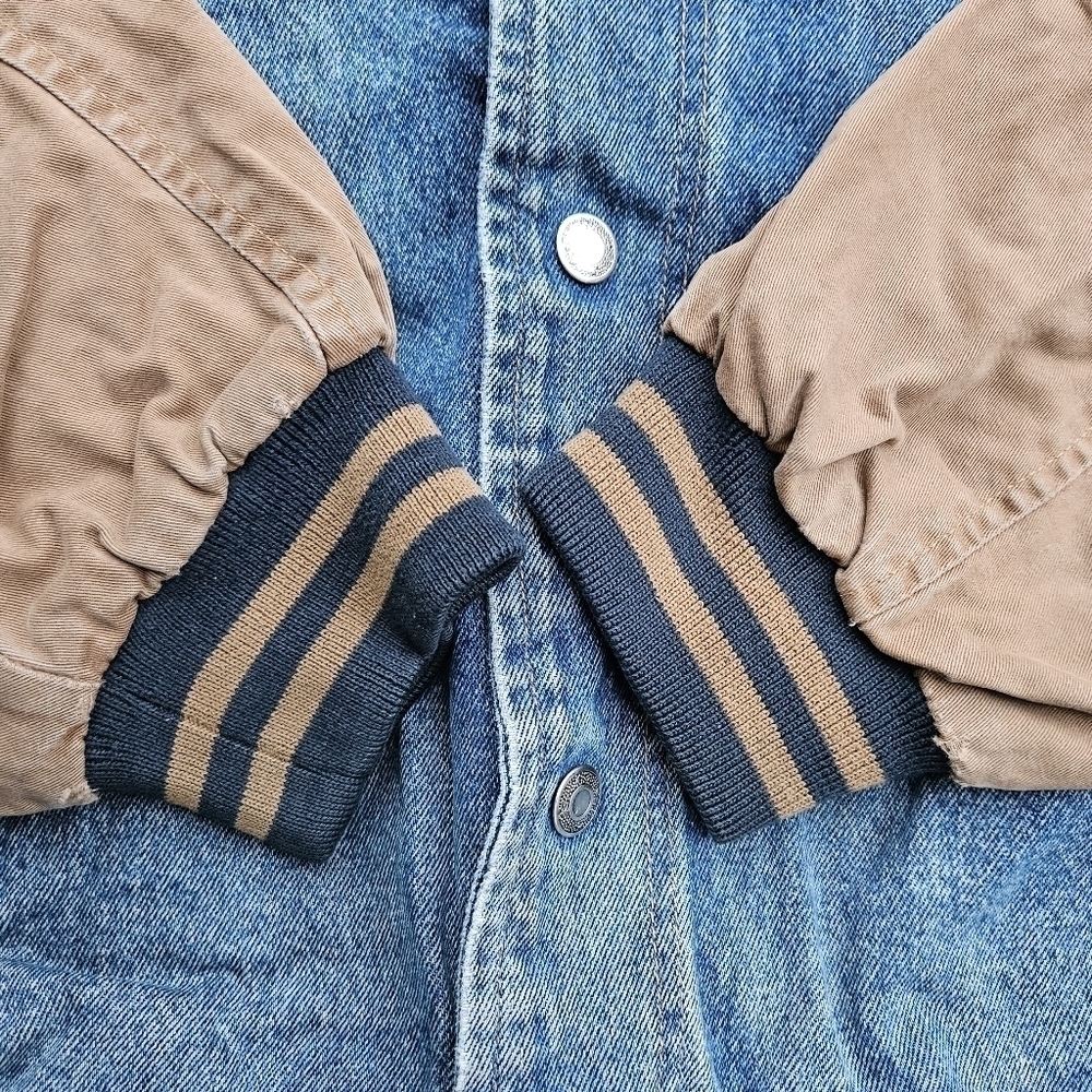 VTG 90s Dunbrooke Pace Denim Varsity Bomber Trucker Jacket Blue Tan Mens Size XL - Picture 15 of 16